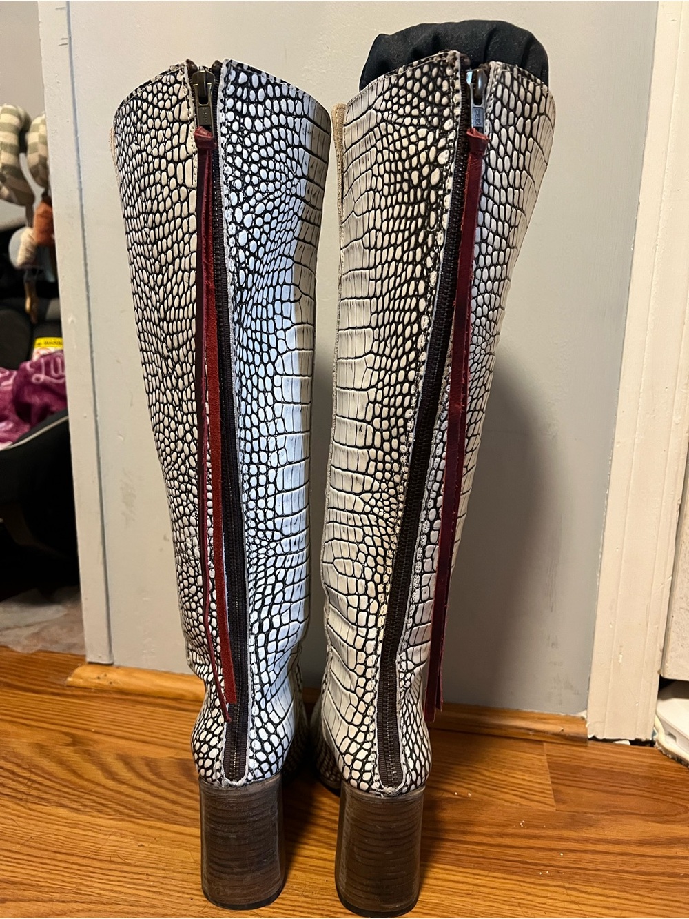 Freebird by Steven White and Black Croc-Embossed Knee-High Heeled Boots - Picture 2 of 5